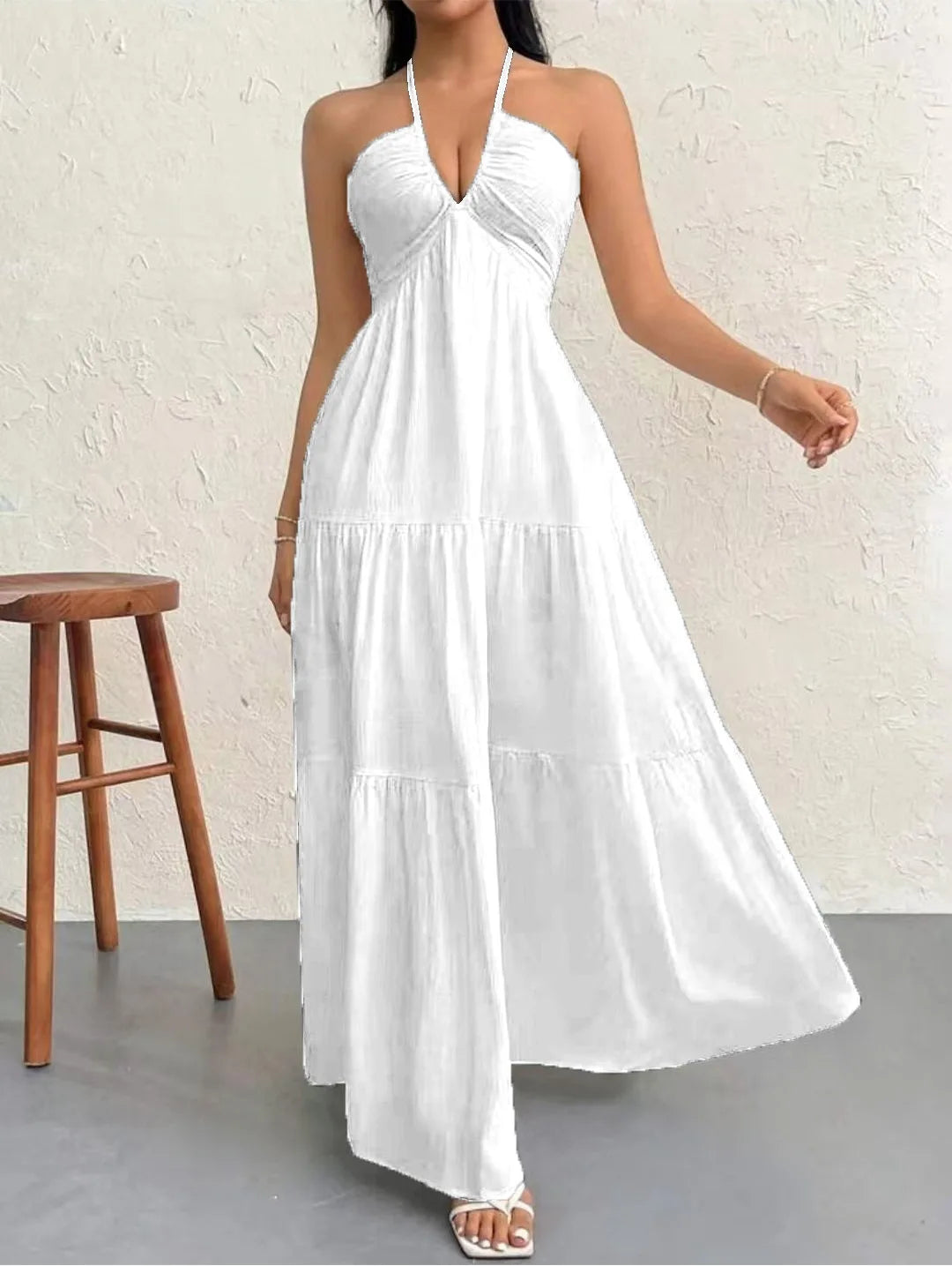 Summer 2026 Women's Trendy Deep V Shoulder Bohemian Style Dress with Belt for Wedding Festival Party Casual Wear