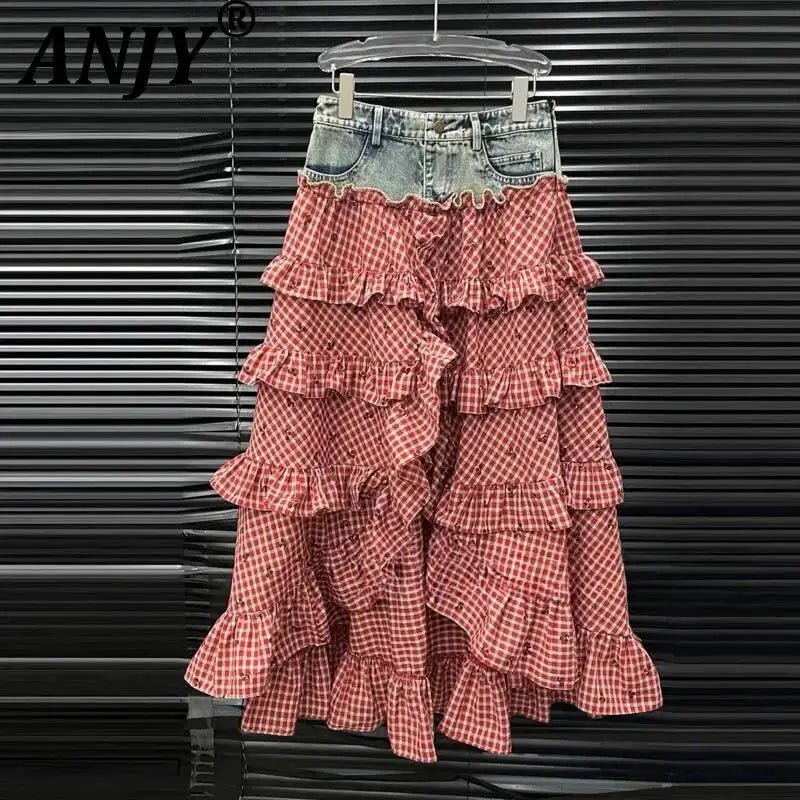 ANJY Spring Summer New Women Fashion Vintage Plaid Patchwork Denim Multi-layered Skirt Sweet Drawstring Short Sleeve Tops A24530