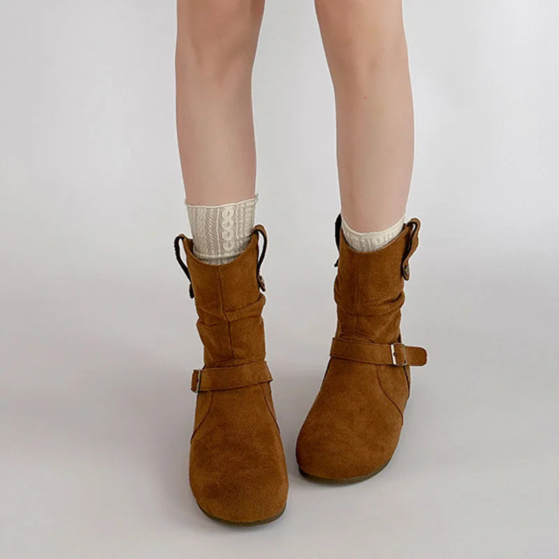 Retro Suede Buckle Slip On Western Ankle Boots for Women