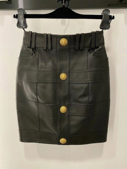 HIGH QUALITY Newest Fashion 2024 Designer Skirt Women's Faux Leather Patchwork Lion Buttons Mini Skirt