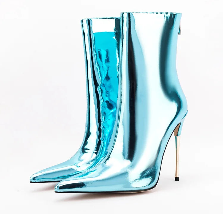 Shiny Blue Mirror Stiletto Boots with Side Zipper for Women