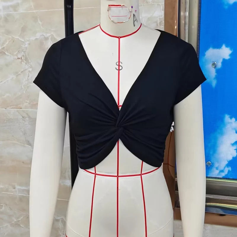 Twist Front Deep V Neck Slim Crop Top for Women Casual Streetwear