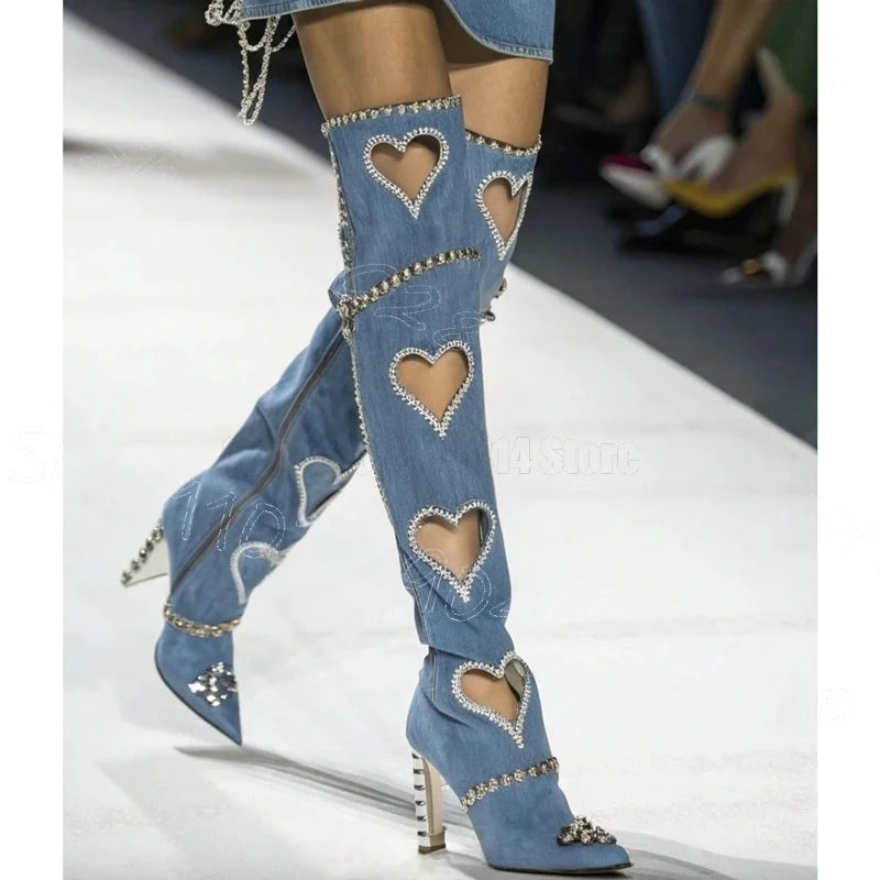 Chunky Heel Pointy Toe Denim Boots With Side Zipper For Women