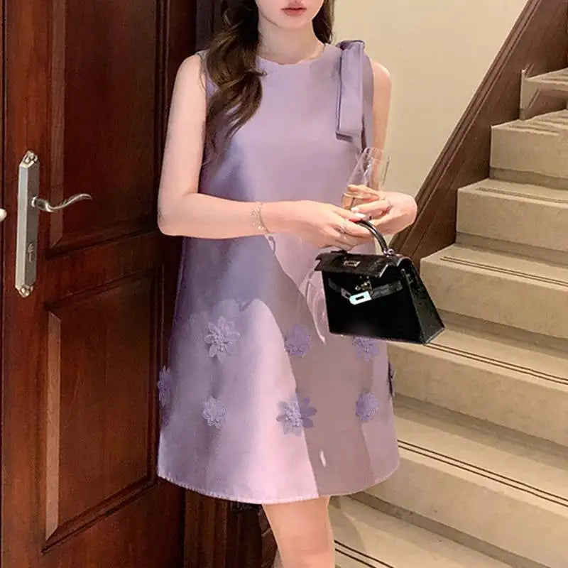 ZANZEA Women Elegant Sleeveless Mini Dress Korean Decor Flower Bow Tank Robe 2024 Autumn Round Neck Vestidos Holiday Party Dress