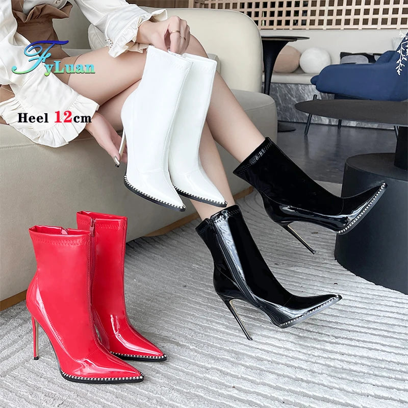 Elegant Rhinestone Bordered Side Zipper High Heel Ankle Boots for Women