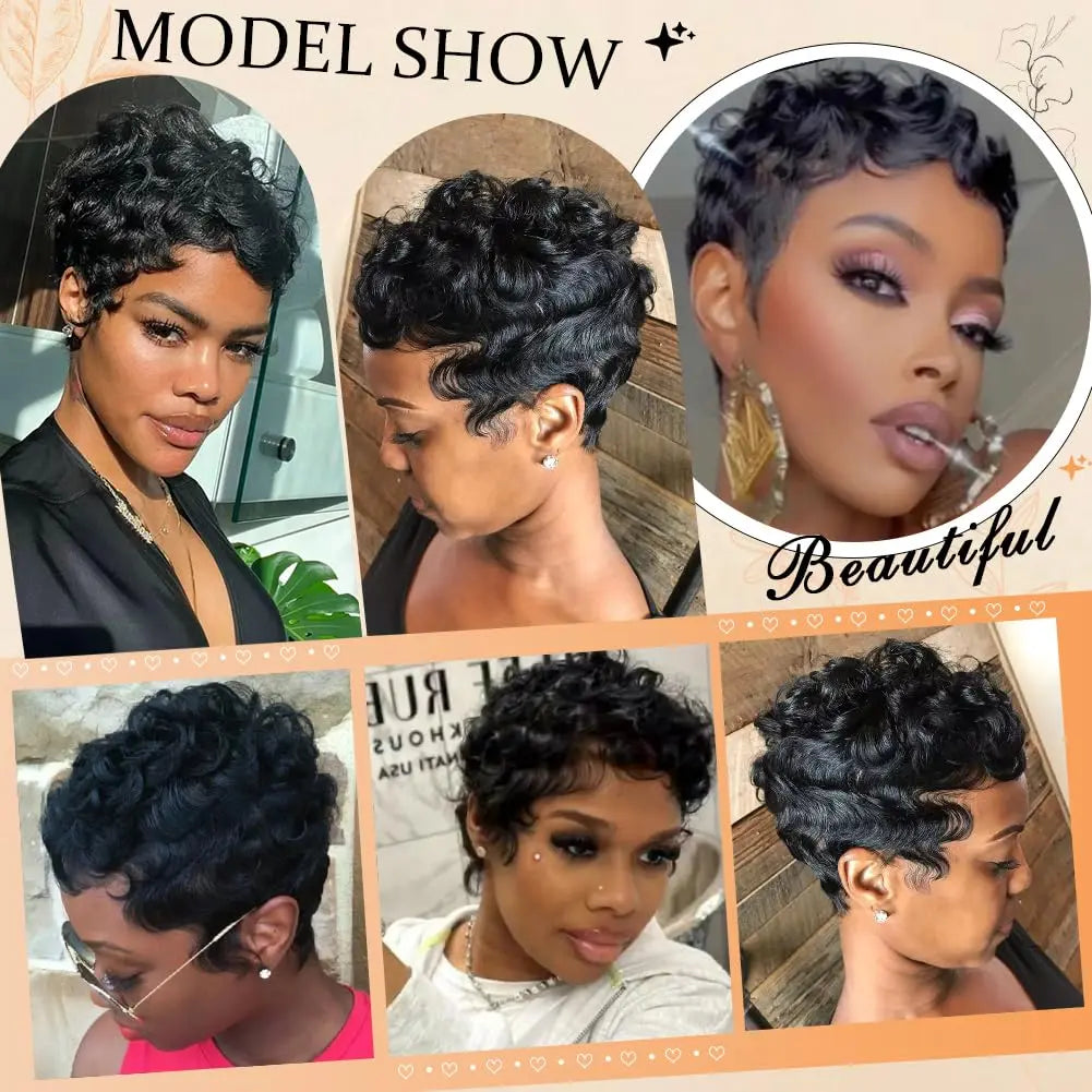 Short Curly Pixie Cut Remy Human Hair Wig for Women