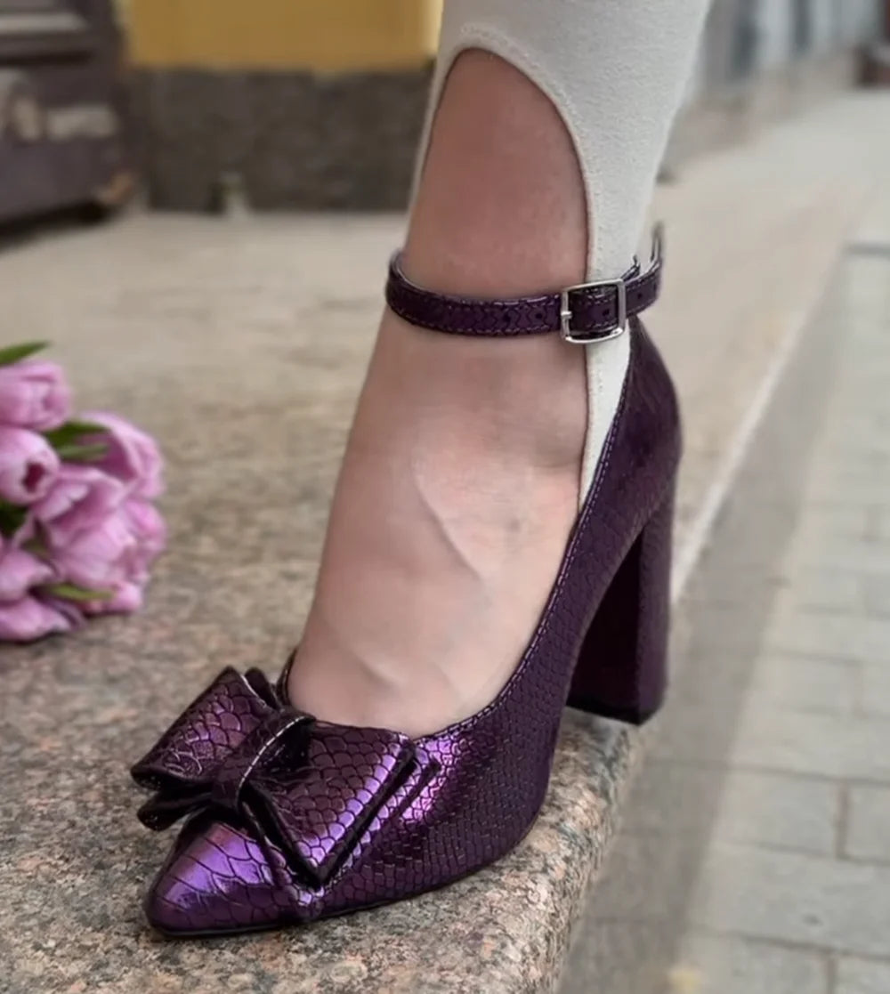 Oversized Bow Shimmery Violet Snake Pointed Toe Buckle Block Heels For Women