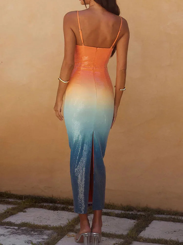 Sequined Patchwork Sleeveless Pencil Dress, Women Summer Gradient V Neck Fashion Party Dress, 2024 Backless Simple Ladies Dress