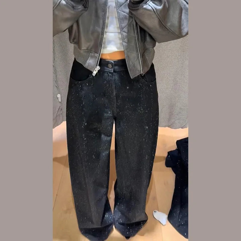 Sequined High Waist Wide Leg Pants with Pockets for Women