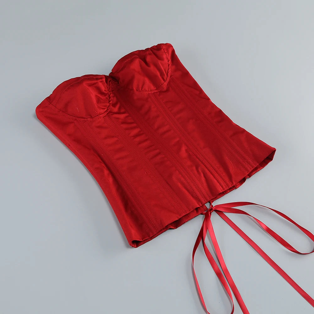 Women's Sexy Strapless Red Mini Skirt and Off-Shoulder Corset Top Two-Piece Set Lace Up Elegant Quality Luxury Party Dress