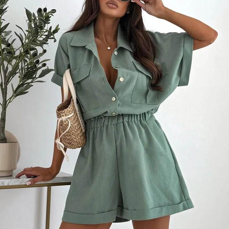Vintage Solid Waist Button Front with Pockets Jumpsuit for Women