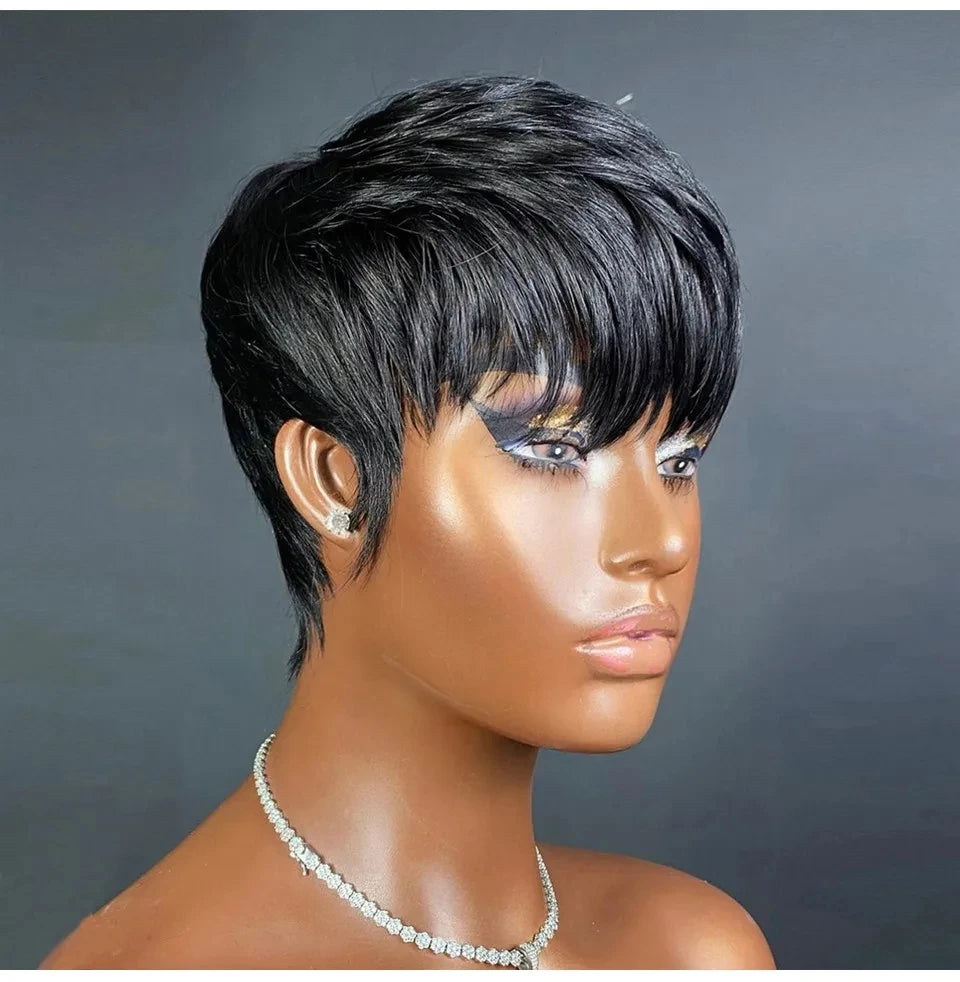 Natural Black Brazilian Human Hair Pixie Cut Wig With Bangs for Women