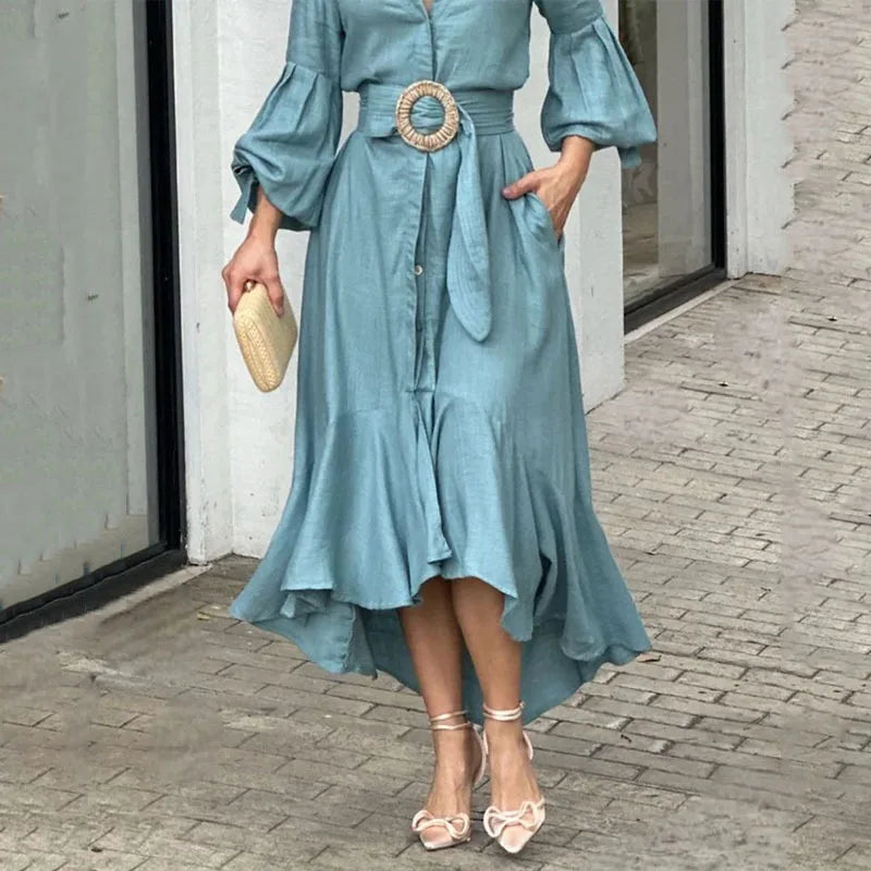 Casual Summer Dress With Turn Down Collar And Pockets for Women