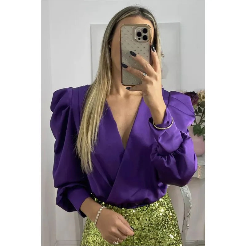 Spring Solid Color Commute Satin Shirt Pullover Fashion V-Neck Puff Long Sleeve Blouses Female Temperament Pleated Ruffled Tops