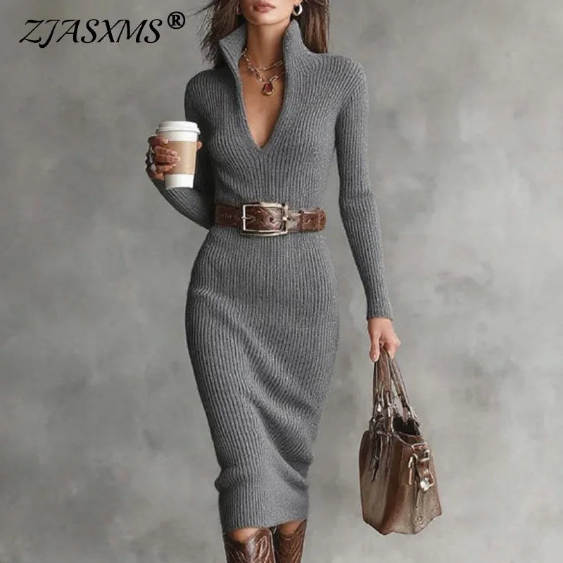 New Spring Autumn Solid Ribbed Knitted Dress Woman Sexy Deep V Neck Hollow Sashes Party Dress Casual Long Sleeve Slim Hips Dress