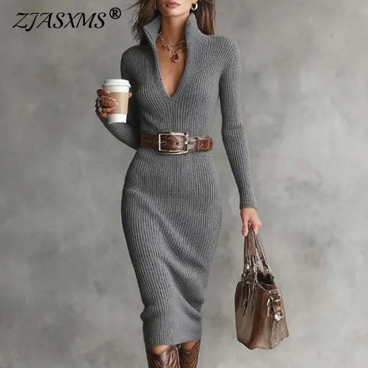 New Spring Autumn Solid Ribbed Knitted Dress Woman Sexy Deep V Neck Hollow Sashes Party Dress Casual Long Sleeve Slim Hips Dress
