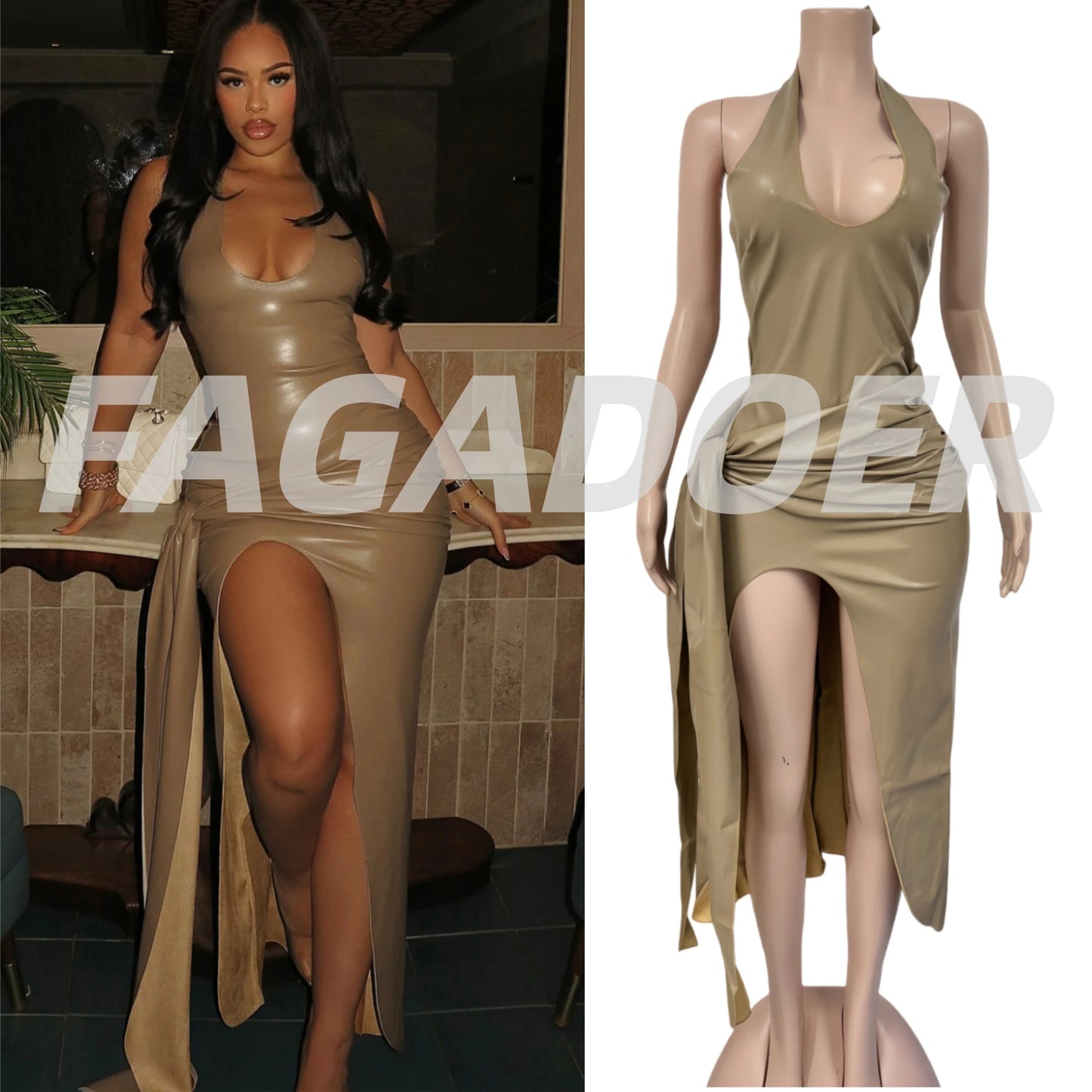FAGADOER Sexy Ruched Patchwork Bodycon Long Dress Women Halter Deep V-neck Backless Dresses Female Streetwear Vestidos 2025 New