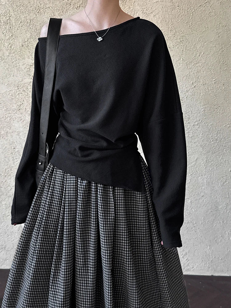 Black Pleated Asymmetrical Collar Sweatshirt for Women