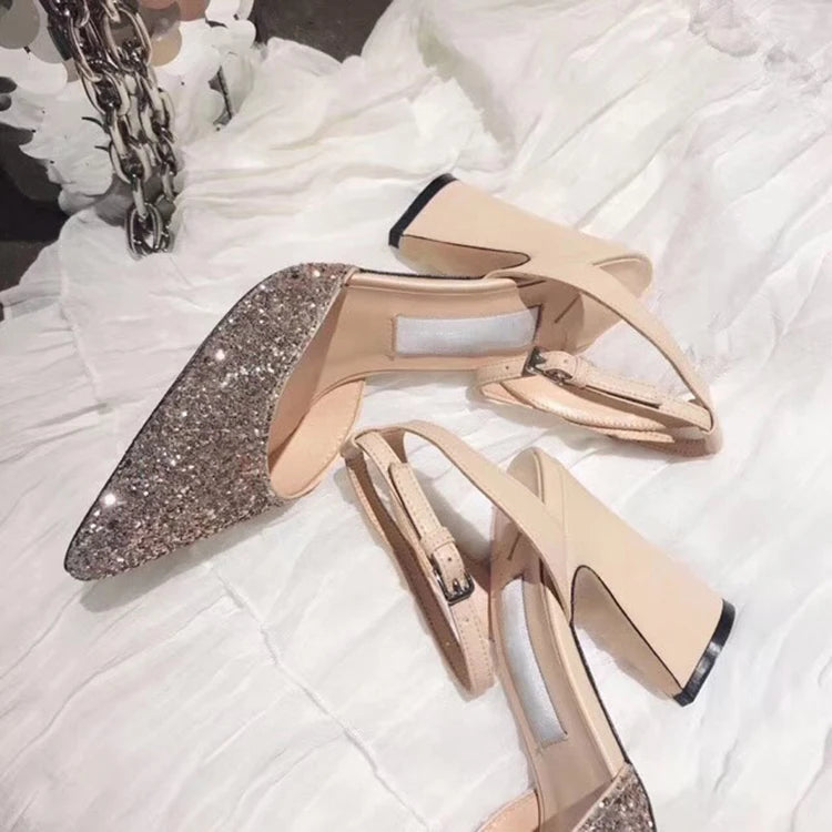 Pointed Toe Crystal Buckle Ankle Strap Square Heel Wedding Pumps for Women