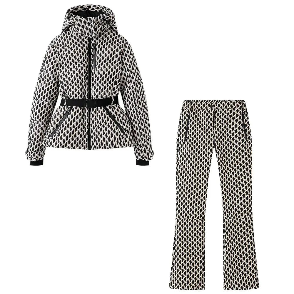 Hooded Windproof Padded Jacket And Pants Set With Belt for Women