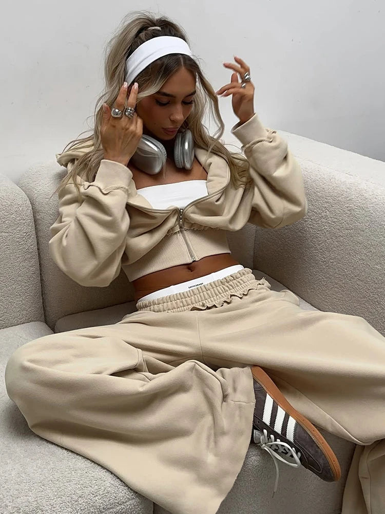 Patchwork Zip Hooded Crop Tracksuit Set