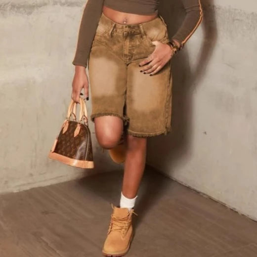 FAGADOER Y2K Fashion Denim Shorts Women Tie-dye Pocket Straight Jeans Shorts Pants Female Streetwear Bottoms 2025 Summer New