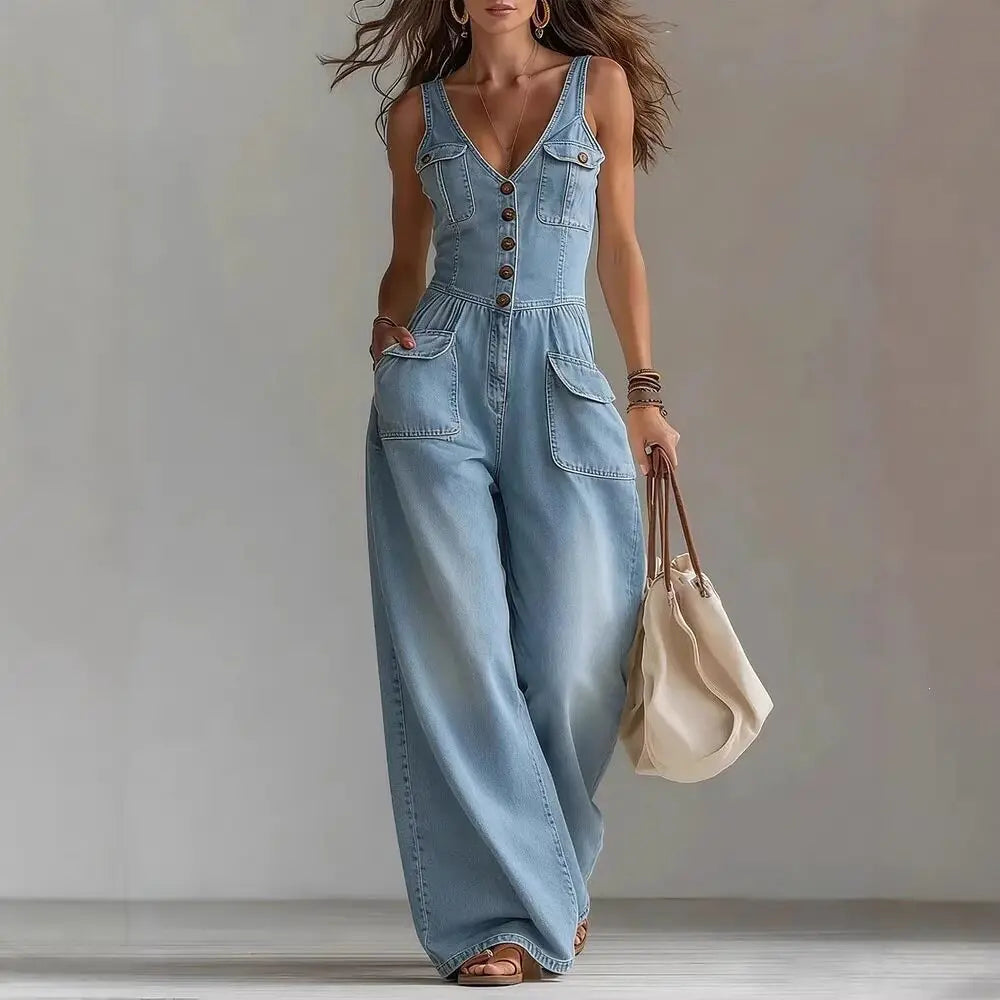 High Waist Button Front Wide Leg Jumpsuit for Women