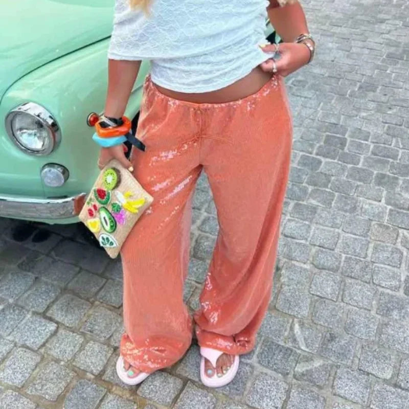 Casual Sequin Pants Women Loose Elastic Waist Wide Legs Trousers Female 2025 Spring Summer Fashion Chic Solid Streetwears Lady