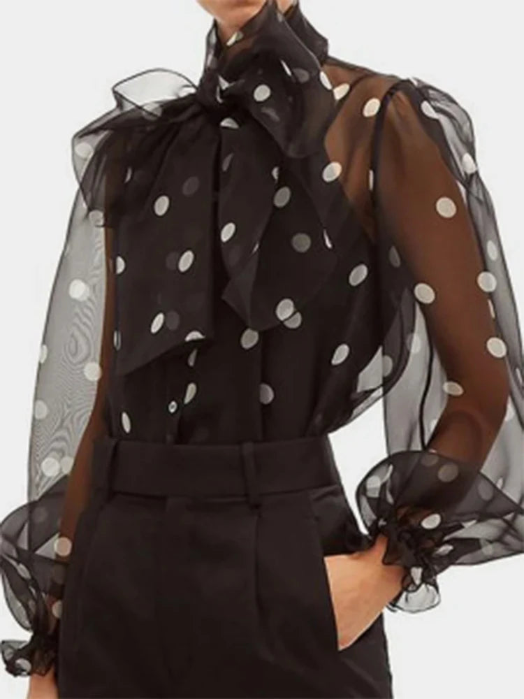 Polka Dot Lace Up Bow Blouse