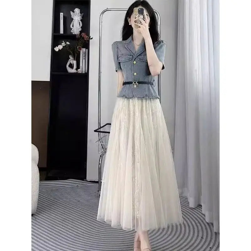 Slim Fit Denim Jacket and Mesh Skirt Two Piece Set for Women