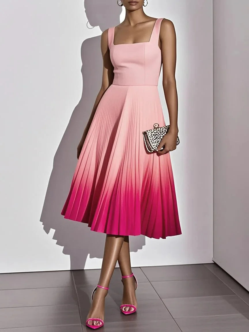 Sleeveless Gradient Print A Line Pleated Midi Dress for Women
