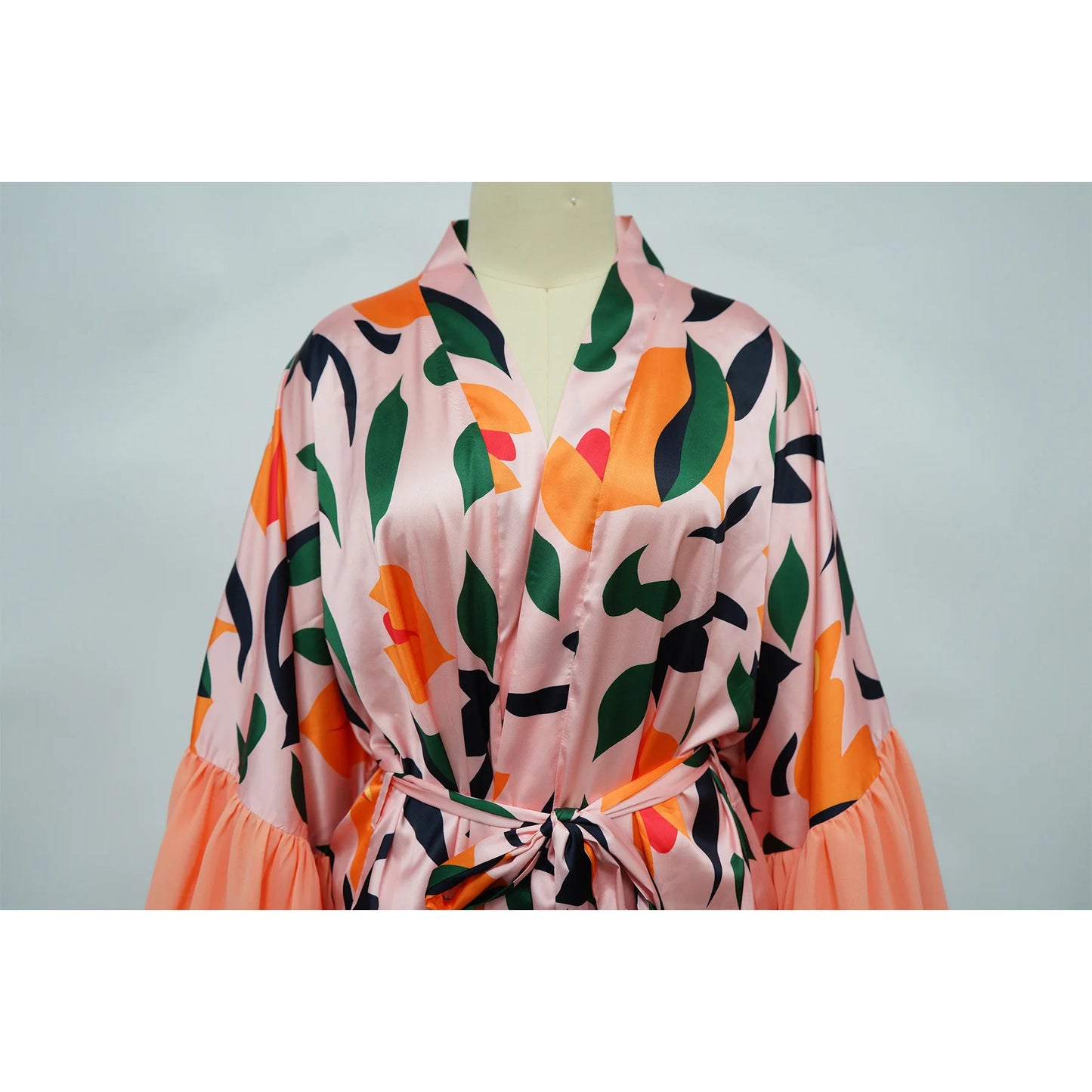 Vintage Floral Printed Chiffon Long Cardigan With Ruffle Sleeves for Women