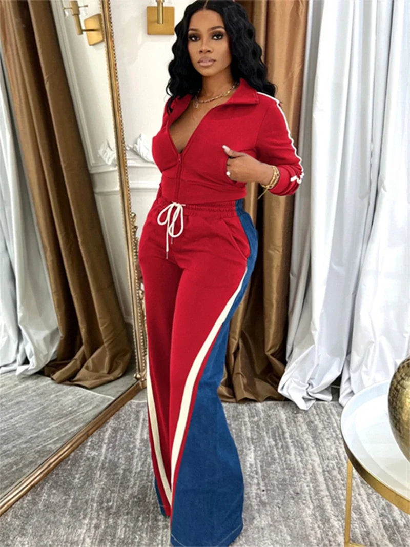 Colorblock Zip Top And Patchwork Pants Set for Women
