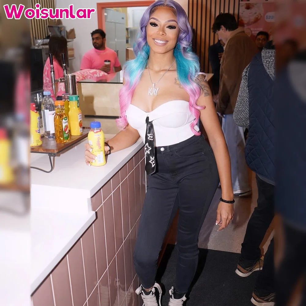 Ombre Purple Blue and Pink Front Lace Wigs Human Hair 180% 200% 13X4 Transparent Lace Body Wave For Women Human Hair Wig 100%
