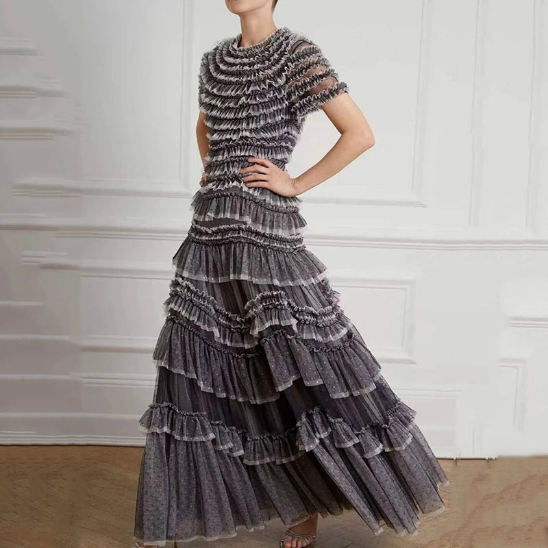 KUCLUT Fashion Women's Multi Layer Mesh Patchwork Dress Elegant Heavy Industry Evening Party Ruffled Short Sleeve Dresses YZJ28