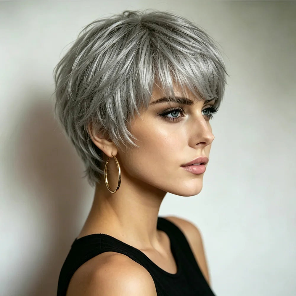 Silver Grey Straight Pixie Cut Premium Human Hair Wig For Women