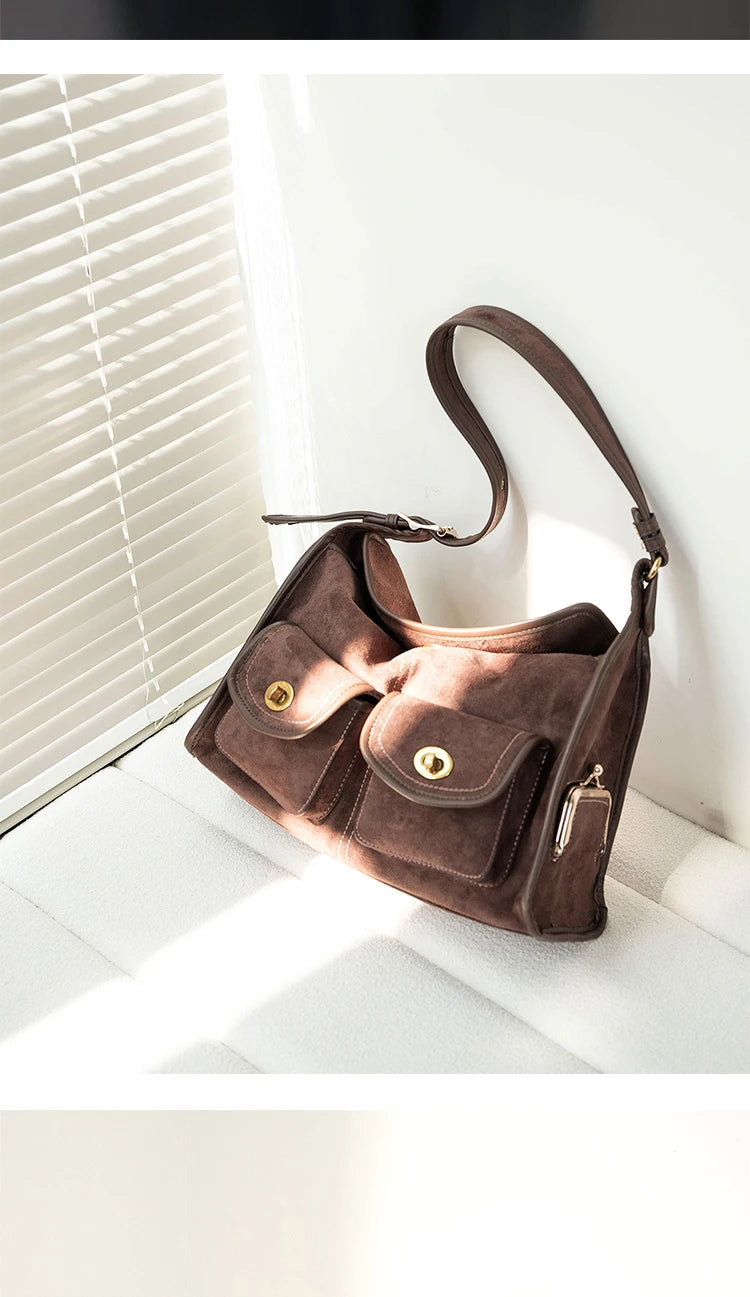 Casual Commuter Large Capacity Suede Pillow Bag Single Shoulder Crossbody Bag Vintage Style Polyester Lining Zipper Closure