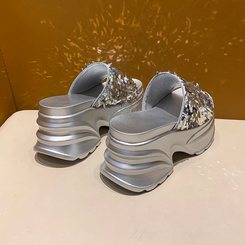 Metallic Sequined Platform Wedge Sandals for Women