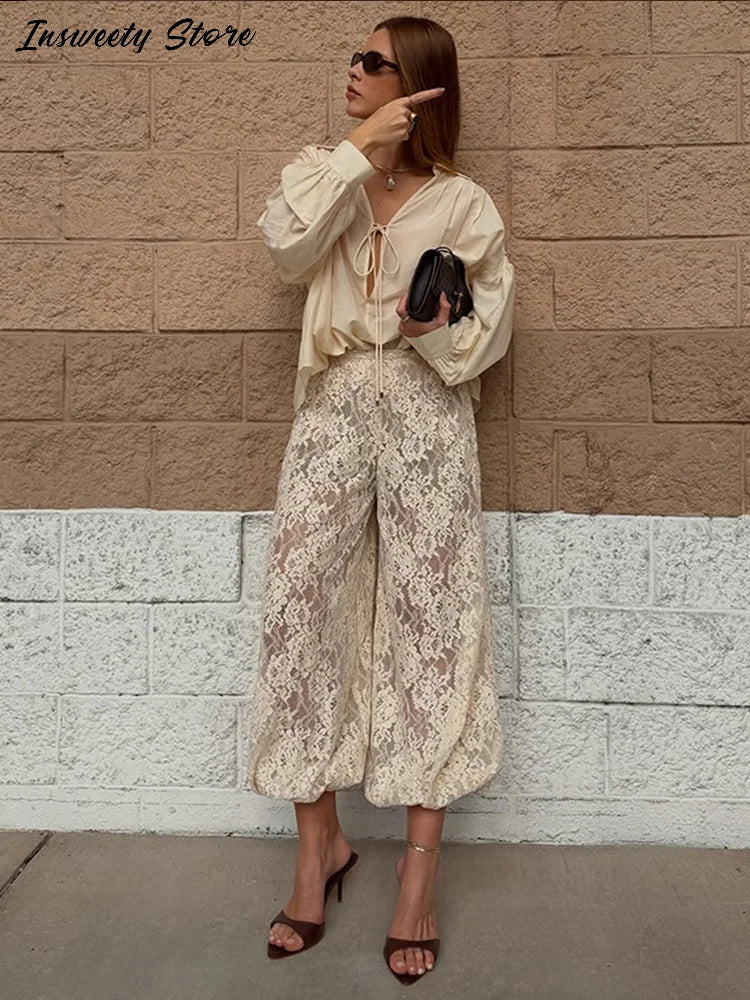Bohemian Lace Trim Elastic Waist Lounge Pants for Women