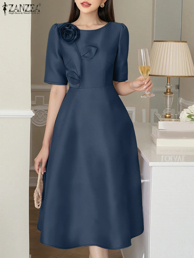 Satin Floral Applique Midi Dress