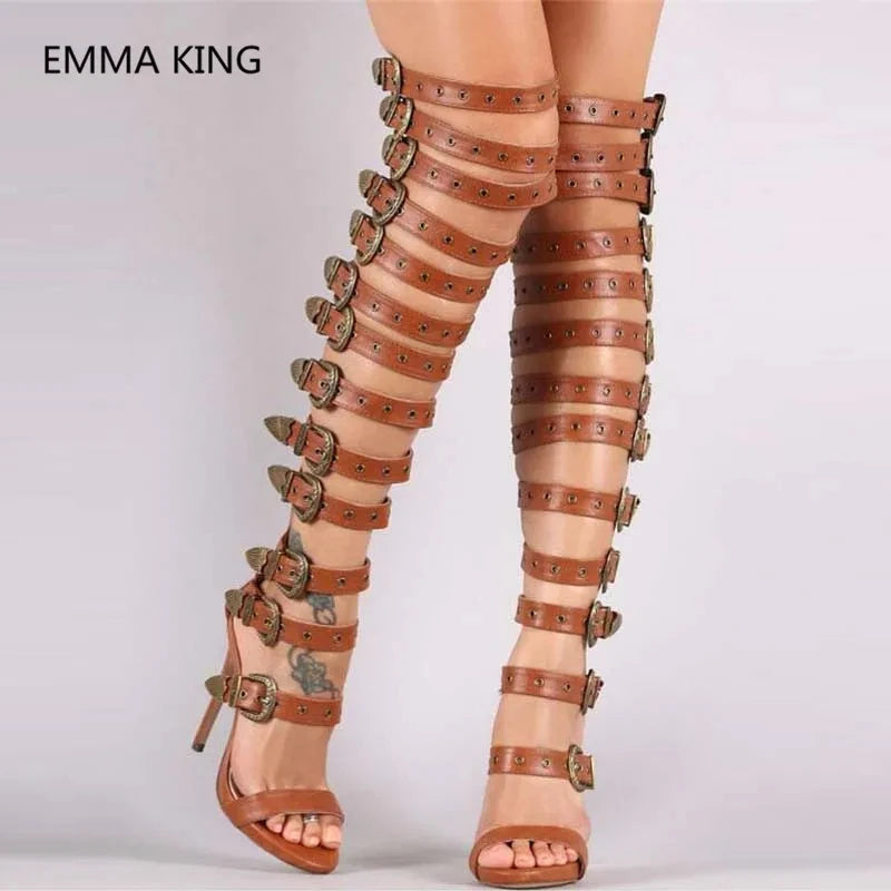 Thigh High Strappy Buckled Gladiator Sandals for Women
