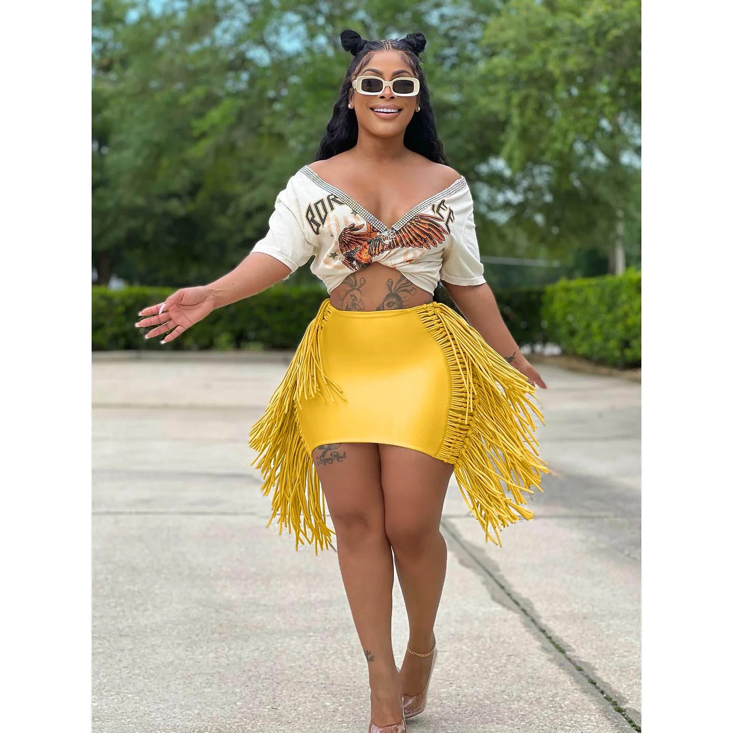 FAGADOER Sexy Tassel Bodycon Mini Skirts Party Club Outfits Women Fashion Chic Streetwear Short Birthday Holidays Skirt Solid