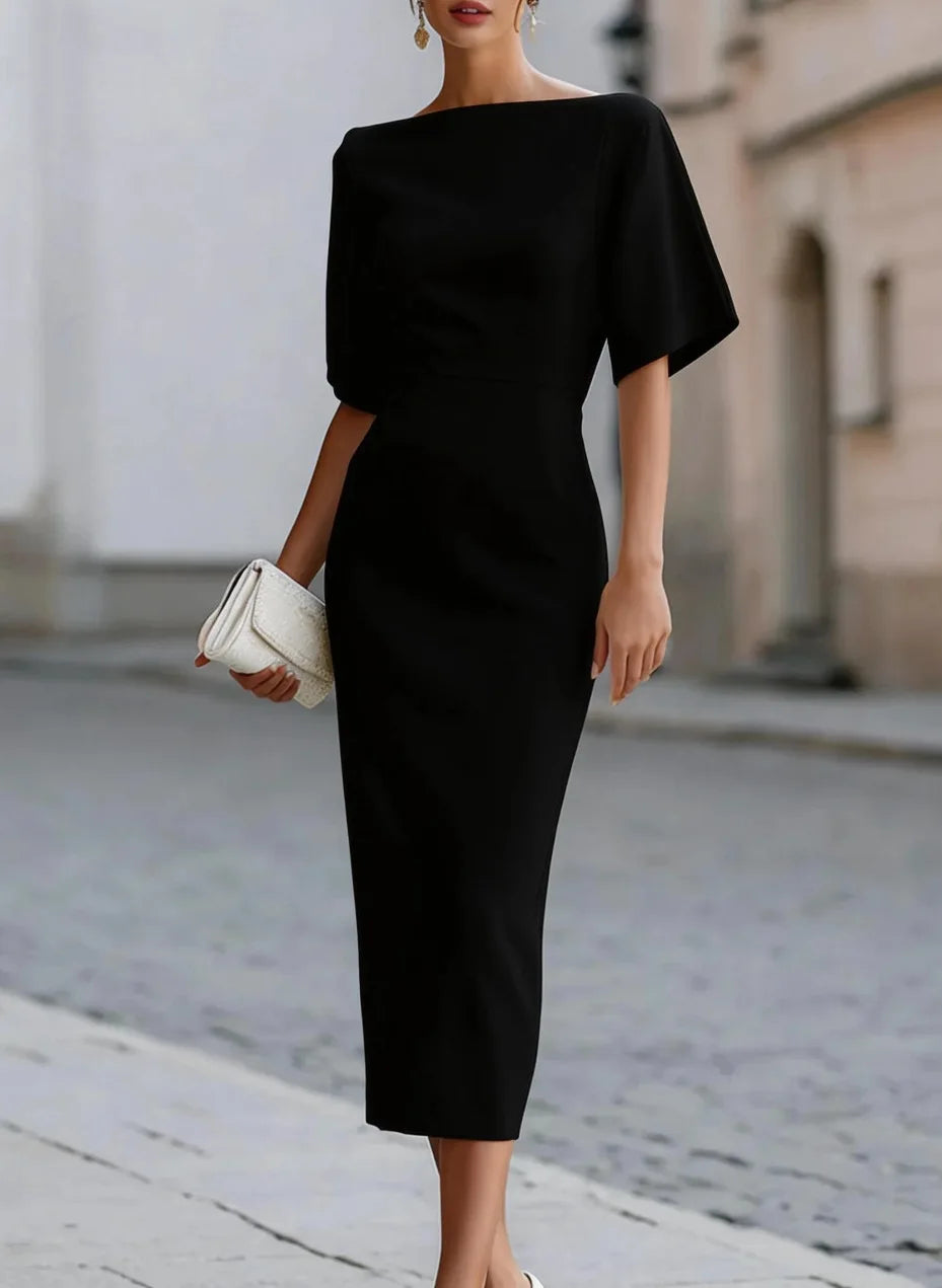 Elegant Office Midi Dress With Short Sleeves For Women