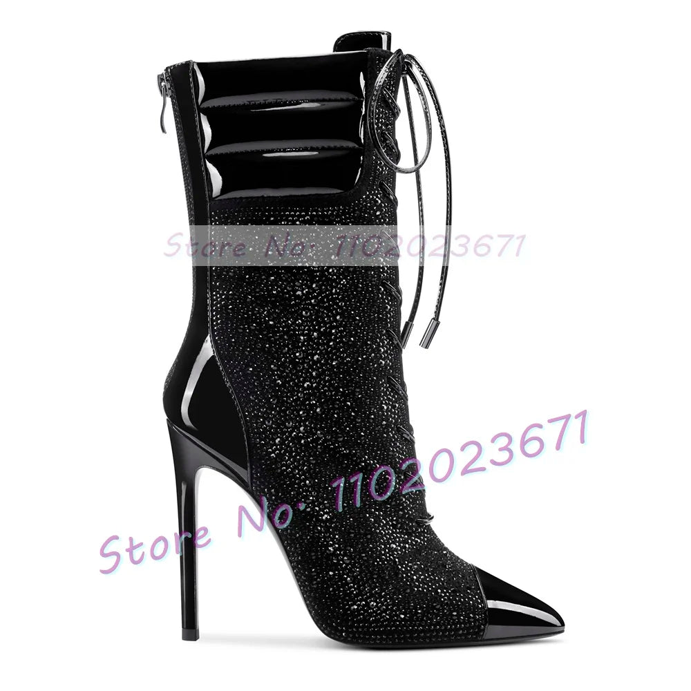 Crystal Paneled Patent Ankle Boots Women Fashion Cross Tied Pointy Toe High Heels Shoe Sexy Ladies Chocolate Brow Back-zip Boots