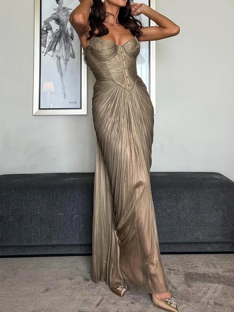 Casual Sleeveless Backless Lace-Up Party Dress Sexy V-neck Draped Slim Suspender Dress Women Elegant Hight Waist Prom Long Dress