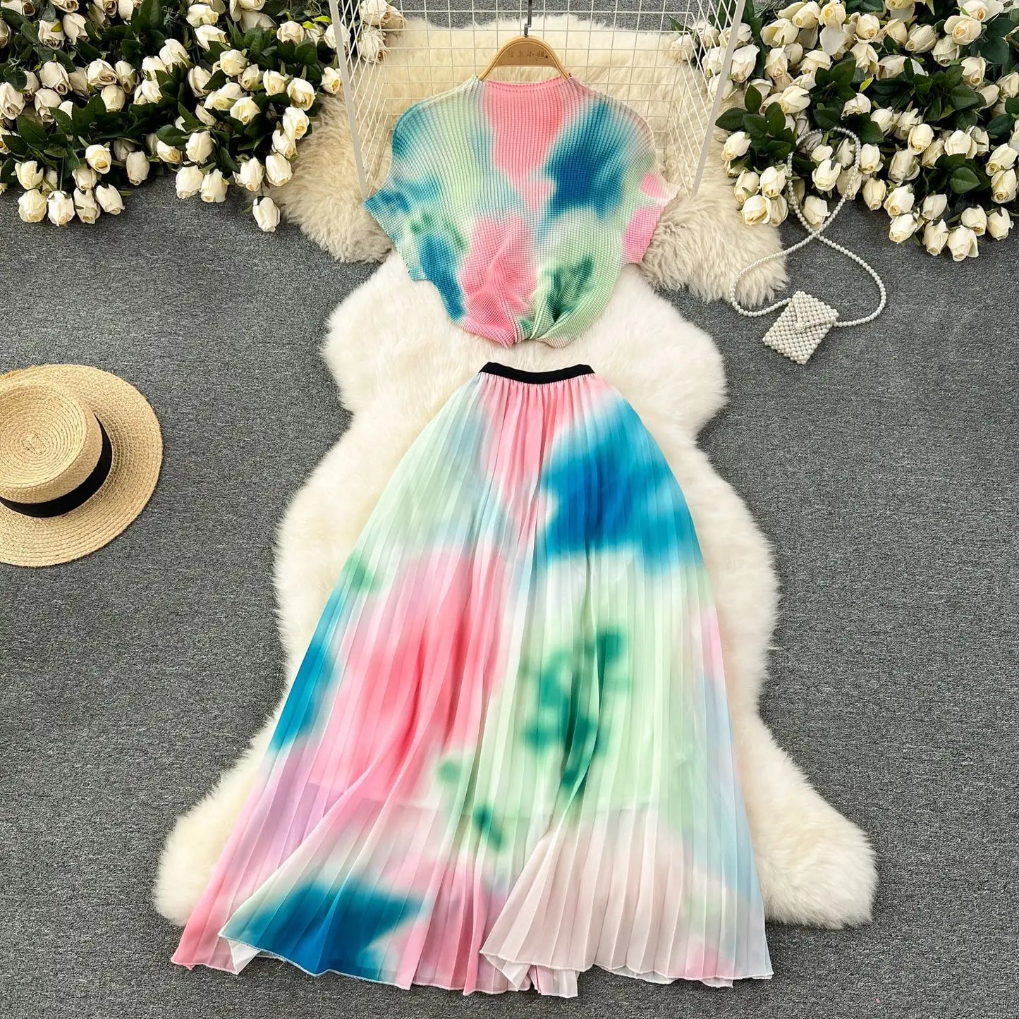 Summer Contrast Color Miyake 2 Pieces Set Women's Short Sleeve High Stretch Pullover Shirt Top＋Long Pleated Chiffon Skirt Suit