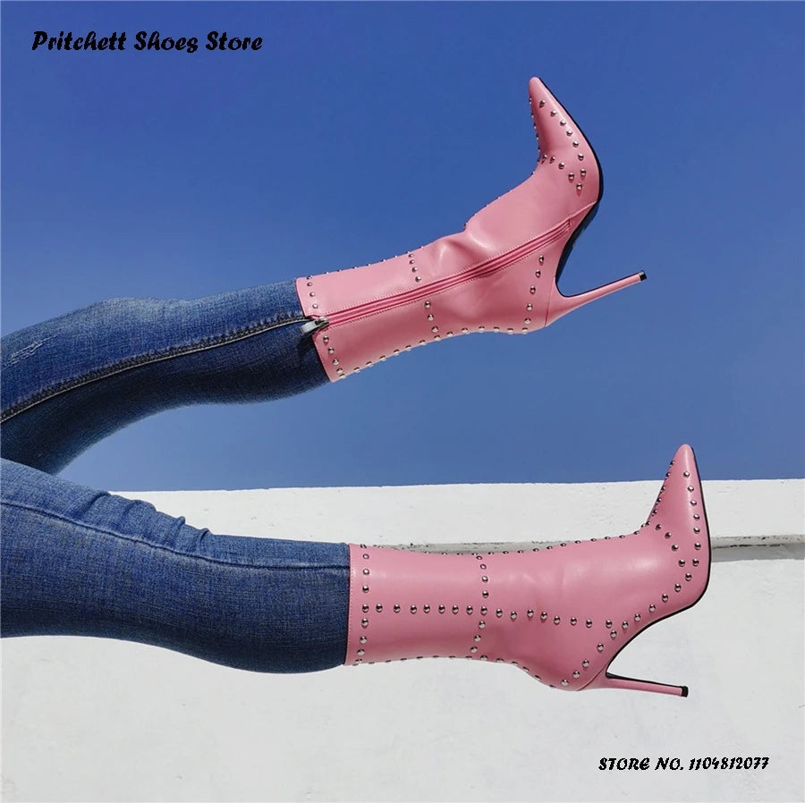 Studded Leather Pointed Toe Ankle Booties For Women