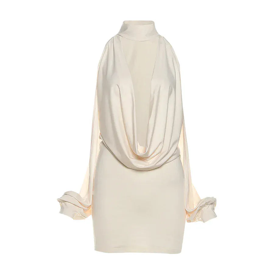 Weird Puss Sexy Turtleneck Dress Hollow Lantern Sleeve Off Shoulder Ruched Backless Stretch Birthday Party Peach Hip Y2K Bodycon