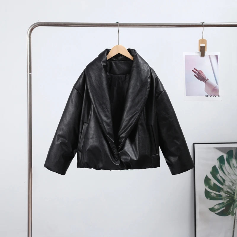 PU Leather Women's Cotton Coat Vintage Laple Full Sleeve Thicken Pockets Female Parka Jackets 2025 Autumn Winter Lady Streetwear