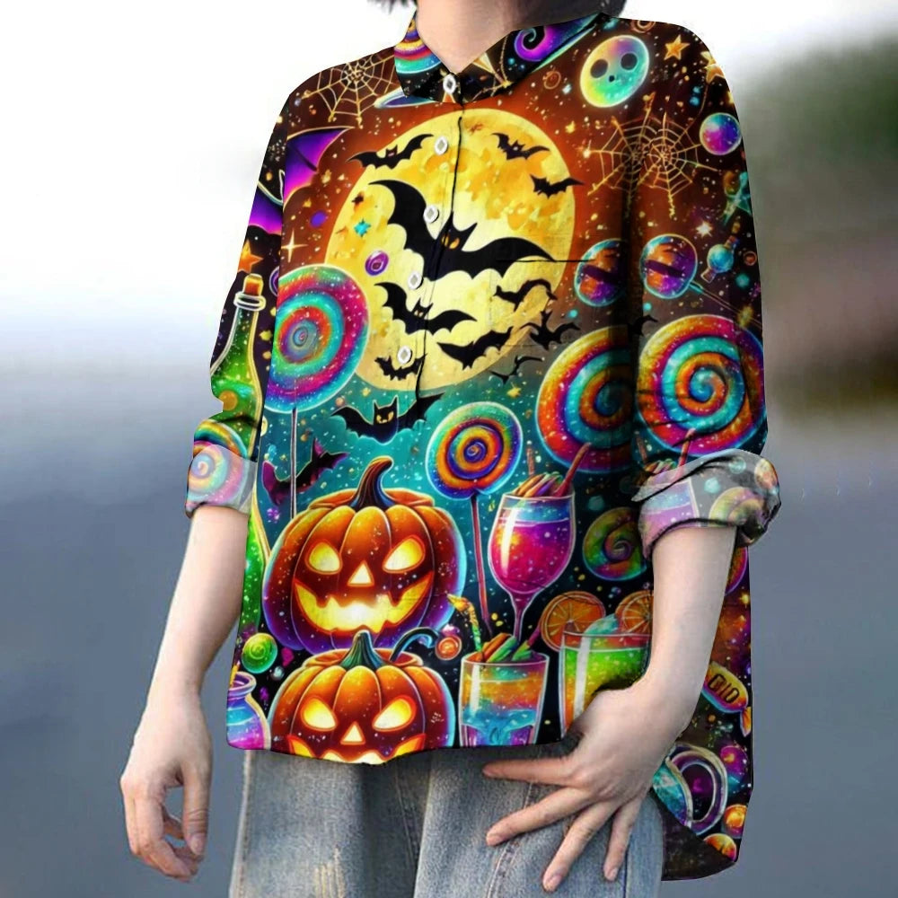 Women's New Halloween Printed Shirt Luxury Chic Pullover Loose Casual Long Sleeve POLO Shirt High Quality Cotton Street Clothing